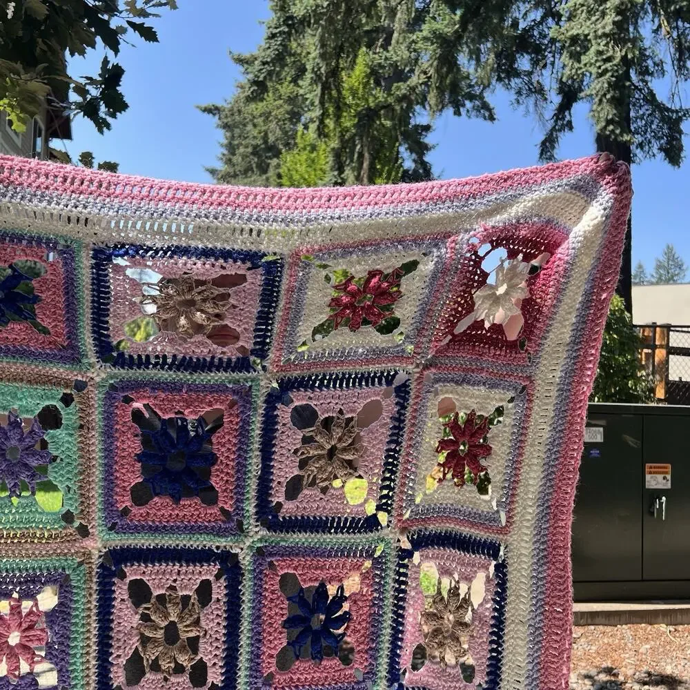 Vintage Granny Square Afghan Blanket Pink Mint Purple Mauve Blue Loose Knit